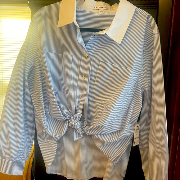 And Now This Tops - NWT cropped white shirt with blue stripes button down